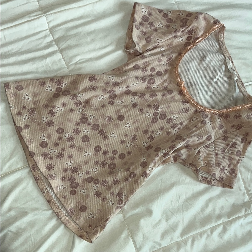 Pink and light purple floral top with lacy bow neckline